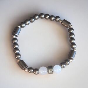 Mens Stretch Bracelet | Gunmetal Hematite & Aquamarine Beads | 8mm Beads